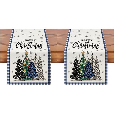 Camino de mesa navideño de 33 x 183 cm, estampado de tartán azul oscuro, árbol de Navidad y copos de nieve, decoración de mesa (2 piezas) (1/5)