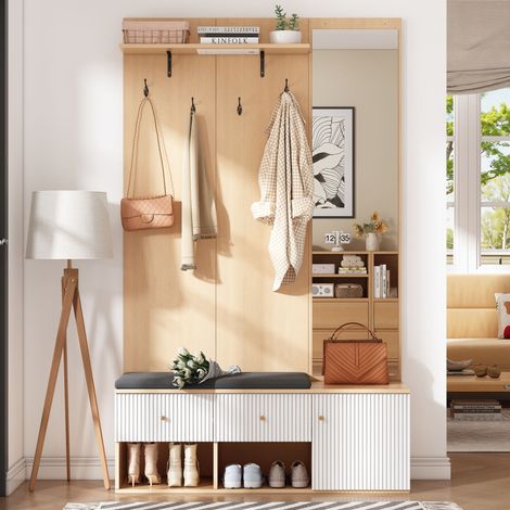 Modernluxe - Ensemble vestiaire d'entrée 120x40x200 cm - Avec miroir et 4 crochets - Avec banc et meuble à chaussures - Naturel+Blanc (1/5)