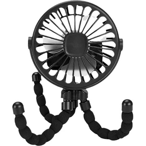 Ventilateur pour poussette à piles, flexible, avec pince trépied, silencieux, portable et compact, idéal pour les voyages et les activités de plein air (noir). (1/4)
