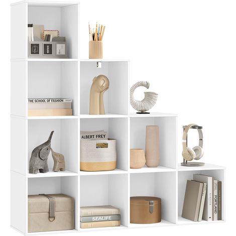 Étagère à Livres, Étagère d'Escalier avec 10 Cubes en Bois d'Ingénierie Blanc, pour Salon, Bureau, Chambre à Coucher, 120x30x120cm (1/5)