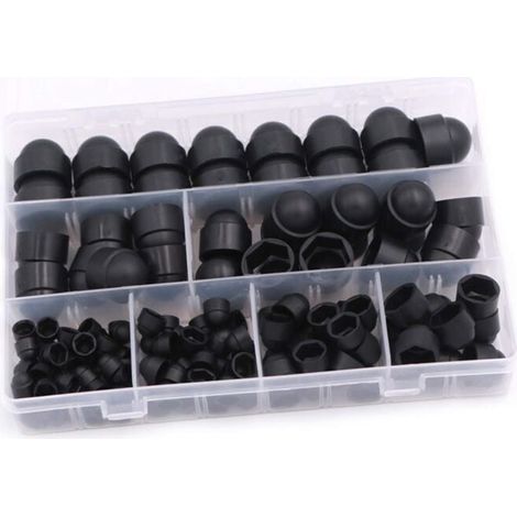 145-teiliges Set mit Schutzkappen für Schrauben und Muttern, Hutmuttern-Set, Schutzkappen für Hutmuttern, 6 Größen M4 M5 M6 M8 M10 M12 mit Box für Maschinen, Möbel und Fahrzeuge (Schwarz) (1/4)