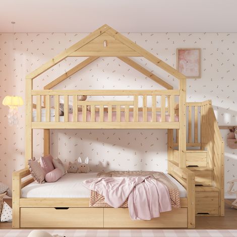 Litera infantil con techo a dos aguas (254x148x230 cm), con escalera, 2 cajones, madera, color roble (1/5)