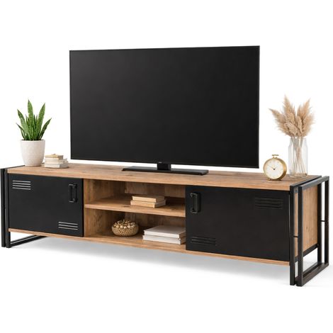 Dmora - Mobile porta TV Polaris, Credenza da soggiorno, Armadio basso per TV, Base parete attrezzata, 180x45h50 cm, Quercia e Nero, con imballo rinforzato, con imballo rinforzato