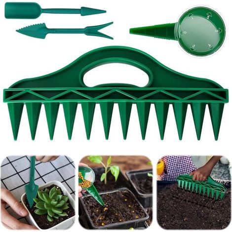 Allecto Plus 4-teiliges Set für Gartenbau und Aussaat 12-Loch-Pflanzhilfe Saatgutspender mit verstellbarem manuellem Pflanzaufsatz Pflanzgabel (1/5)