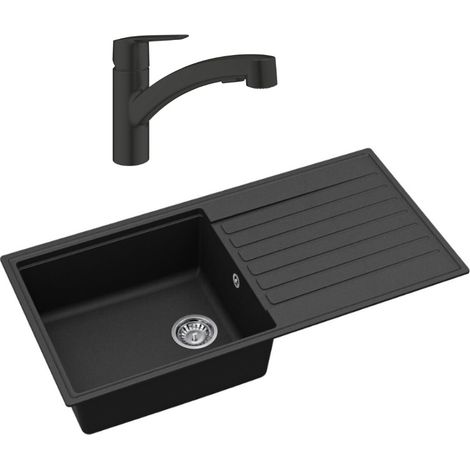 Swiss Aqua Technologies Lavello da 100x50 cm con sgocciolatoio reversibile in granito + miscelatore monocomando con doccetta a 2 getti, nero opaco