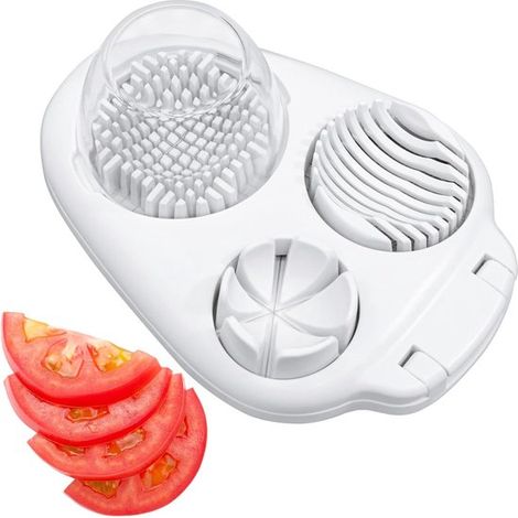 Affetta uova 3 in 1 in filo di acciaio inox - Adatta per fragole/pomodori - Tagliere rimovibile - Idonea al contatto con gli alimenti (bianca) (1/5)