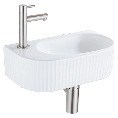 QeramiQ Fuente Ensemble de lavabo - 40x21.5x12cm - gauche - nervuré - demi-rond - 1 trou de robinet - céramique - robinet de lave-mains en acier