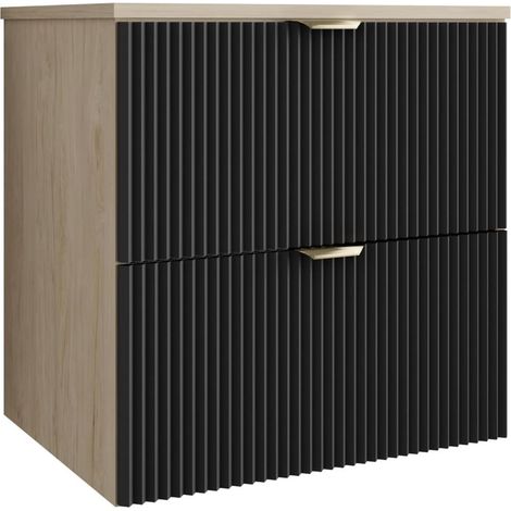 Mobile da bagno con frontale scanalato 60 cm con 2 cassetti, noce chiaro (MDF), con frontale nero, con maniglia dorata, 60 x 47 x 60 cm (1/5)
