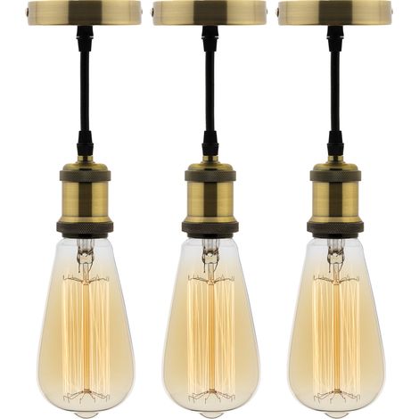 Lot de 3 kits de suspension vintage avec câble textile et ampoules filament carbone Edison
