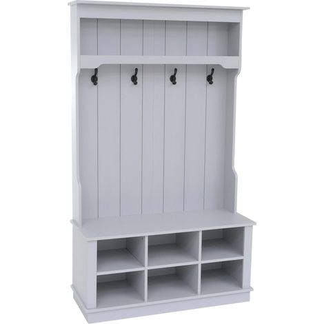 [NEUWERTIG] Garderobe HHG-661, Flurgarderobe Holzgarderobe Sitzbank, 4 Haken Staufach Ablage Melamin 170x100x39cm hellgrau
