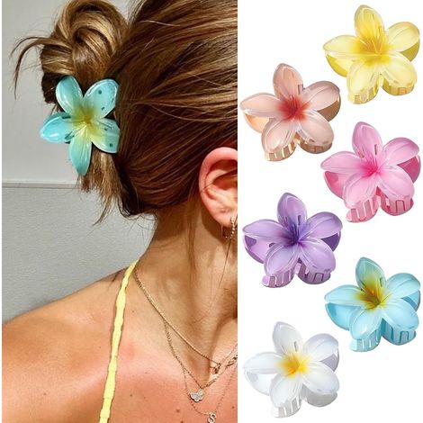 Lot de 6 pinces à cheveux frangipanier hawaïennes pour femme, grandes pinces fleur antidérapantes à prise solide pour la plage (1/5)