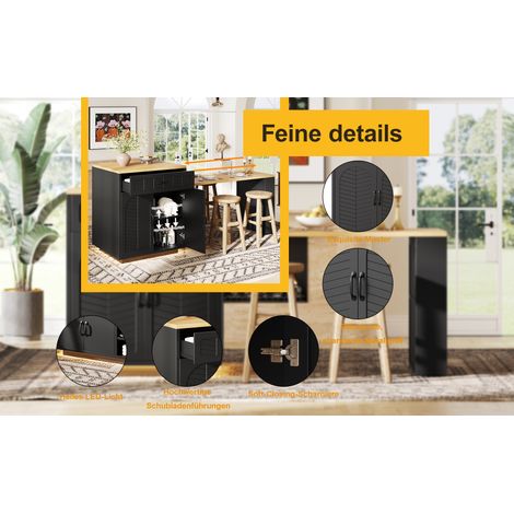 Îlot de cuisine/meuble/buffet/comptoir de bar avec bande lumineuse LED, desserte fixe, table à manger coulissante, 2 tiroirs, 4 portes, noir et blanc (1/5)