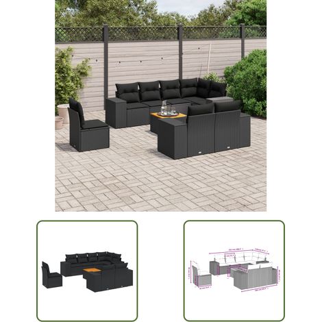 The Living Store 9-tlg. Garten-Sofagarnitur mit Kissen Schwarz Poly Rattan - Gartenmöbel Set - PE-Rattan Möbel - Outdoor Lounge - Esstisch - Gartenstuhl (1/3)