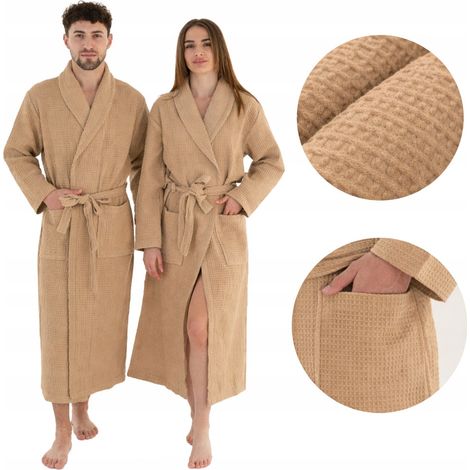 Langer, dünner Unisex-Bademantel mit Taschen, 100 % Baumwolle, schnelltrocknend, beige, Größe M (1/5)