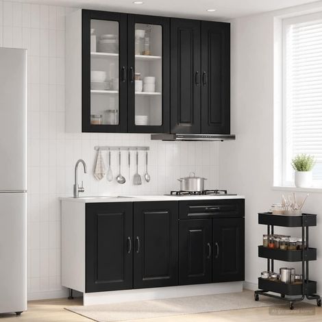 vidaXL Unité de cuisine KALMAR 4 pc Noir Bois d'ingénierie (1/5)