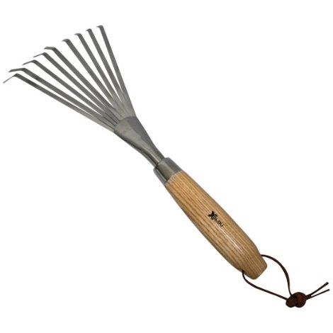 Xclou Rastrello da giardino in acciaio inox con manico in legno di frassino, rastrello piccolo giardinaggio fiori, ca. 12,5 x 4 x 36,5 cm, grigio