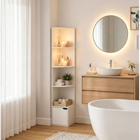 Étagère d'angle 29,5x29,5x157,5 cm en bois blanc, gain de place pour bureau et salon FloraGrace (1/5)
