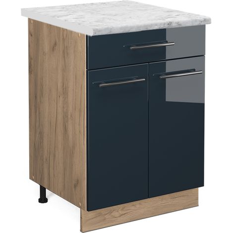 Küchenschränke  Fame-Line, Dunkelblau Hochglanz, 60 cm mit Schublade, AP Marmor, Vicco