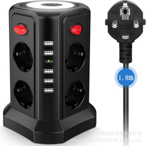 Multiprise Avec Interrupteur - 8 Prises CA + 4 Ports USB - Protection Antisurtension 1700 J - Câble D'extension 2 M - Tour De Prises Pour Bureau Et Maison (1/5)