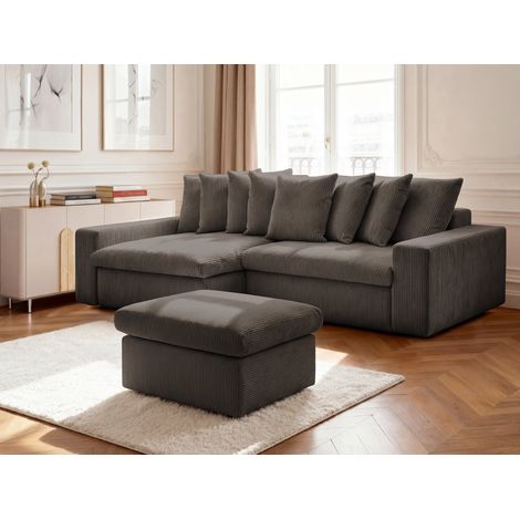 BOBOCHIC - Canapé d'angle fixe ENORE velours côtelé avec pouf Angle gauche Taupe (1/3)