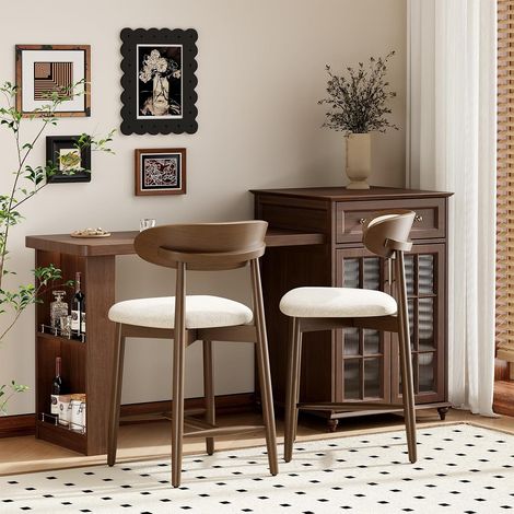 Lot de 2 Tabourets de Bar en Bois, Chaises de Hauteur Comptoir Rembourrées, Hauteur 63 cm, Dossier Ergonomique et Tissu Haut de Gamme, Beige (1/5)
