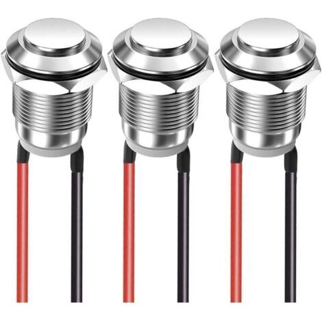 Lot de 3 boutons poussoirs momentanés 12 mm 2 A 12 V/24 V/125 V/250 V, étanches, en acier inoxydable, marche/arrêt, avec filetage (tête haute)