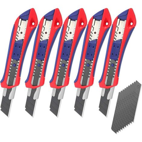 Set de 5 cutters professionnels, cutter rétractable 18mm, couteau graphique avec lame SK5 (20 lames de rechange incluses), idéal pour découper papier, carton (1/5)