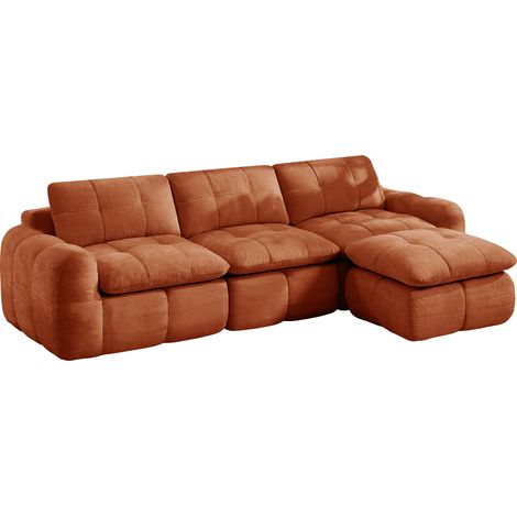 Canapé modulable 3 places en L orange avec ottomane, revêtement chenille doux, mousse haute densité 32D, salon et appartement (1/5)