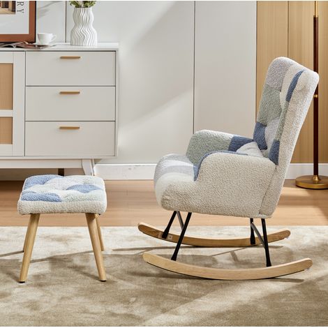 Poltrona a dondolo con poggiapiedi 122x68x91 cm beige e blu in tessuto con schienale sfoderabile (1/5)