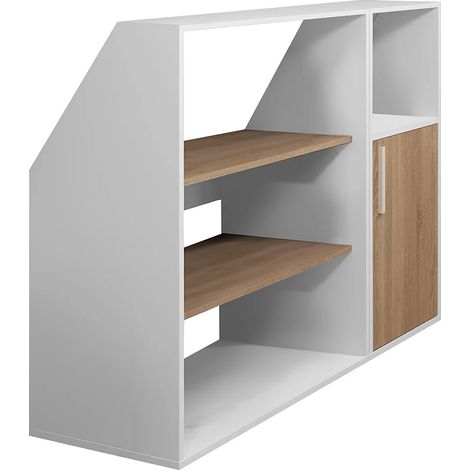 Meuble sous pente 1 porte, 2 étagères et 1 niche - Blanc et naturel - ADEZIO