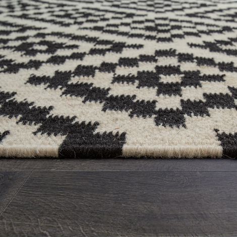 Paco Home Teppich Modern Marokkanische Muster Handgewebt Skandi Rauten Fransen Schwarz Weiß 120x170 cm