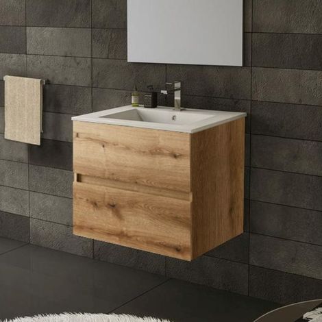 Mueble de baño colgante de 60 cm color roble con cajones y lavabo incluido - Rondel (1/3)