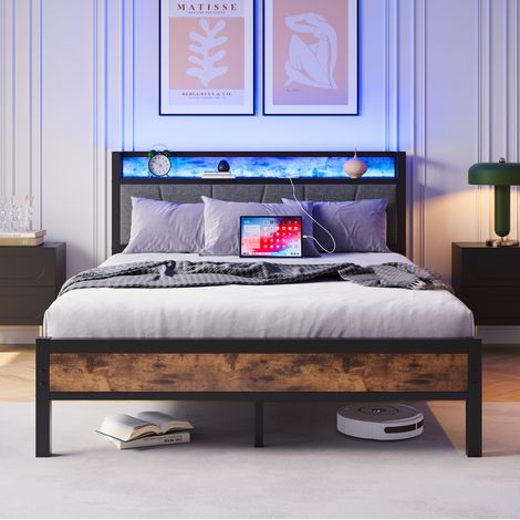 Lit adulte 120x200 cm brun antique avec LED et rangement, métal et MDF, sans matelas MEUBLIV (1/5)