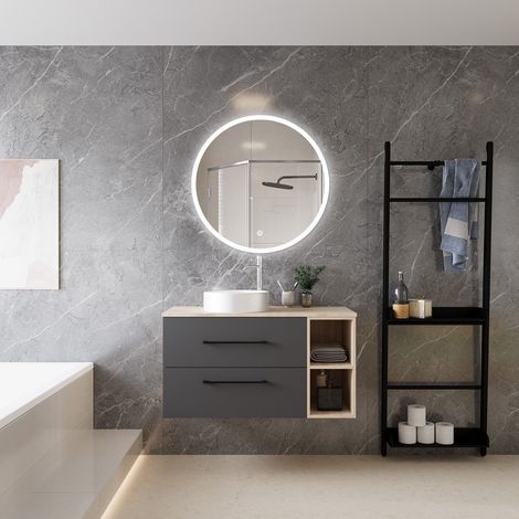 Ocean 99X46X52cm Ensemble Meuble Salle de Bain, avec Lavabo et miroir rond led, Suspendu