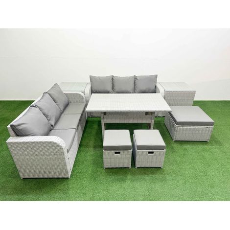 Fimous Outdoor Garden Furniture Sets 9 Seater Wicker Rattan Furniture Sofa Sets with Rectangular Dining Table high Back Lounge Sofa 3 Stools 2 Side Table Light Grey (1/4)