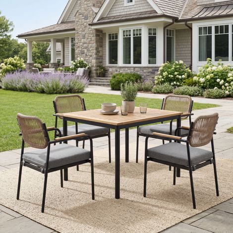 Wahson Chaise Jardin Exterieur avec Pieds en Métal, Lot de 4 Fauteuils Jardin avec Dossier en Corde Tressée, Chaises Exterieur pour Terrasse, Salon de Jardin, Beige (1/5)