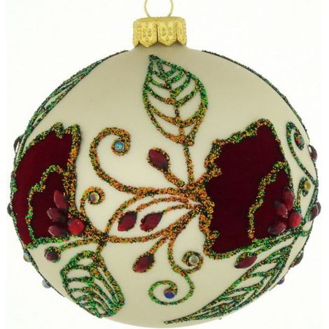 Pallina per albero di Natale in vetro bianca con decorazioni floreali bordeaux da 10 cm (1/4)