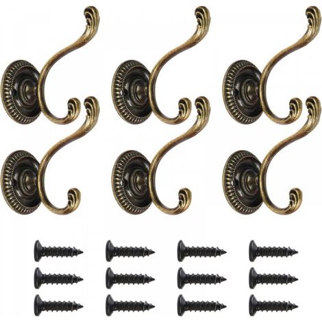 Lot de 6 patères doubles vintage, crochets muraux robustes, crochets pour vêtements, crochets de chambre principale, crochets de porte décoratifs avec vis pour cuisine de salle de bain, bronze (1/5)