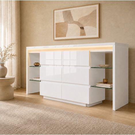 Aparador con LED inteligente (155x40x80 cm), 6 cajones, 4 estantes de vidrio, blanco brillo, madera y vidrio (1/5)