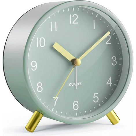 Despertador analógico silencioso,de metal de estilo retro con luz nocturna y esfera grande,color verde menta con detalles dorados (1/5)