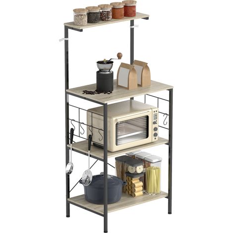Mensola da cucina, supporto per microonde, con pannello in rete metallica, 8 ganci, 60 x 42 x 134,5 cm, rovere