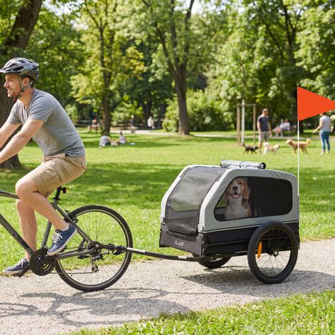 Remolque plegable para bicicleta para perros medianos de hasta 20 kg con rampa plegable, reflectores, correa, bandera, color gris. (1/5)