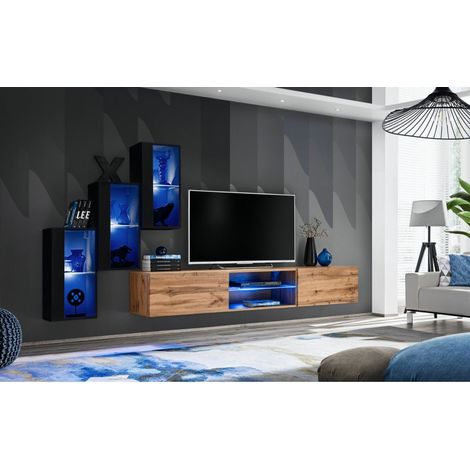 Ensemble meuble TV mural Switch XXII - L 240 x P 40 x H 170 cm - Noir et marron - Livraison gratuite