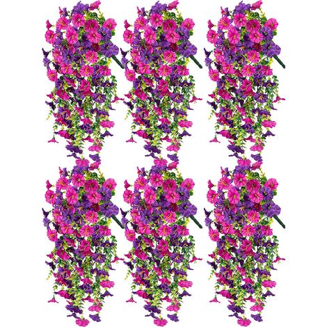 6-Piece Spring & Summer Garden Decor Set, Artificial Morning Glory with Leaves, Purple & Red-Pink