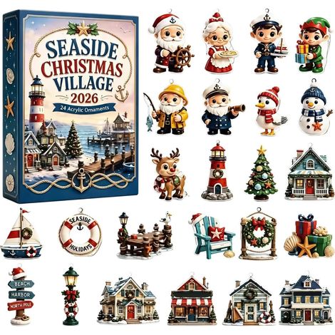 Calendario de Adviento de Pueblo Navideño junto al Mar - 24 adornos navideños acrílicos para colgar (1/5)