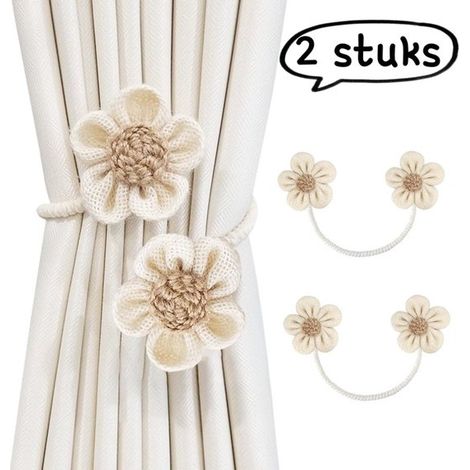 Zweiteiliges Set gewebter Gardinenhalter – Raffhalter mit Blumenmuster – moderne dekorative Hanfseilschnalle – verstellbare Gardinenschnalle – Beige + Khaki (1/5)
