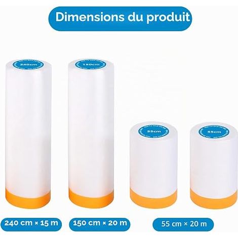 rouleaux de film de protection avec ruban adhésif transparent 55 cm x 20 m x 2, 150 cm x 20 m x 1, 240 cm x 15 m x 1 (1/4)