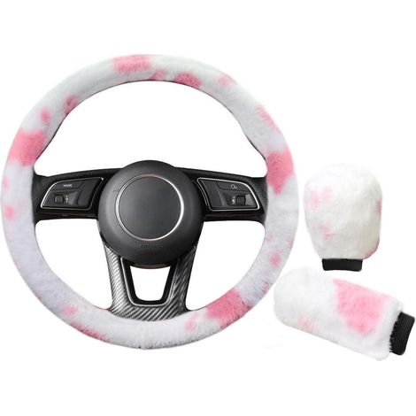 3-teiliges Plüsch-Lenkradbezug-Set Kuhmuster Rosa (1/5)