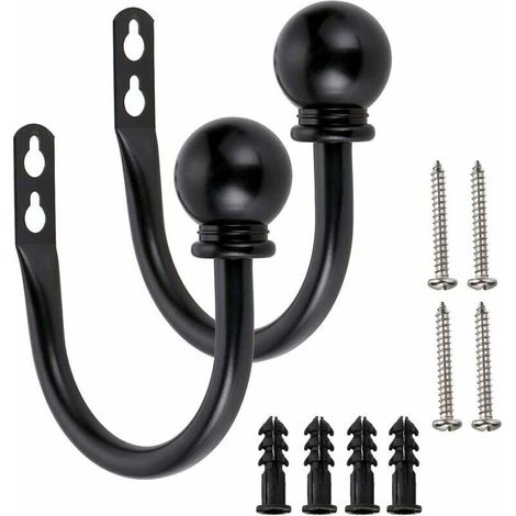 A pair of lightweight metal curtain hooks - Retro wall-mounted curtain tiebacks, wall hooks, tassel drapery brackets (black) (1/5)