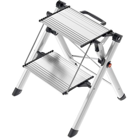 Hailo – Escabeau pliant aluminium 2 marches – Hauteur de travail 220 cm – Charge max 150 kg – Antidérapant et compact – Conforme EN 14183 (1/7)